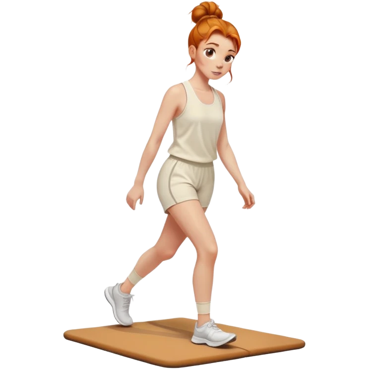 Beautiful Ginger girl messy bun walking on walking pad cream gym outfit emoji