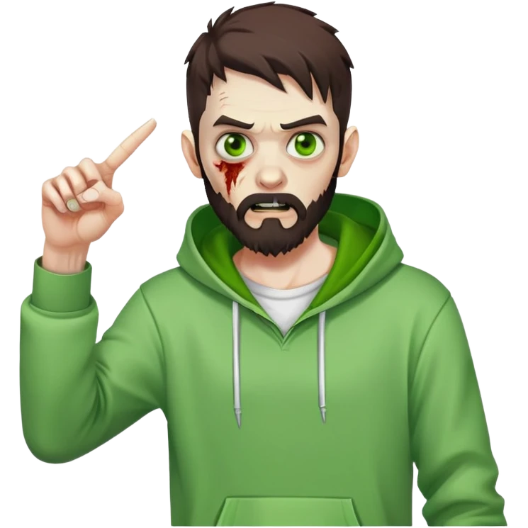 zombie pointing finger, undercut hairstyle with dark brown hair, short full beard, bright green eyes, wearing plain white hoodie emoji