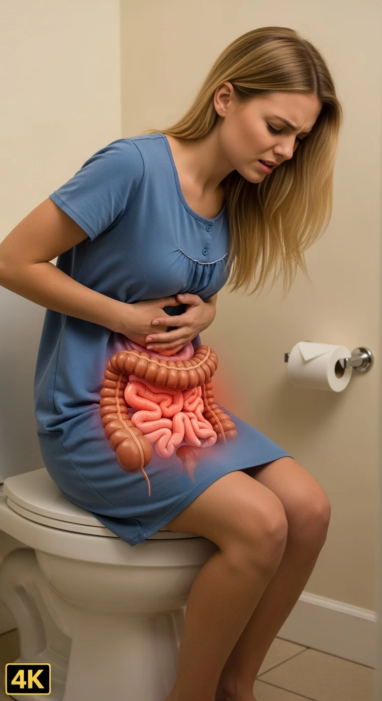 DONNA CON MAL DI PANCIA SEDUTA SUL WC MENTRE SI SFORZA, INTESTINO UMANO ANATOMICO IN EVIDENZA, IPERREALISTICA 4K emoji