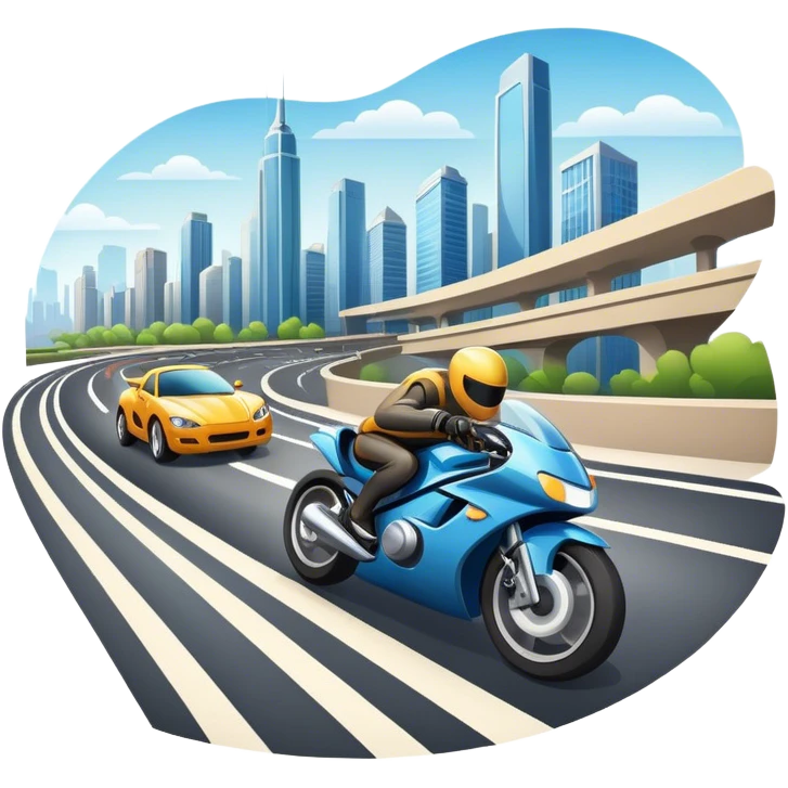 An icon showing a motorcycle and car speeding through a cityscape, with roads and curves ahead. The vehicles leave dynamic trails of speed, representing the thrill of racing and adventure. The background is transparent, focusing on the power and freedom of both cars and motorcycles. emoji