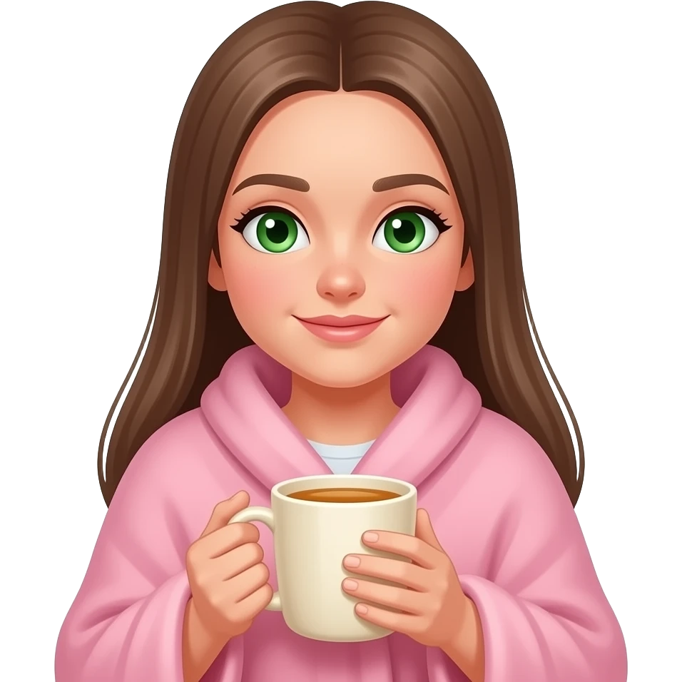 white girl with grean eyes and long brown straight hair wrapped in a pink blanket with a cream color mug of tea emoji