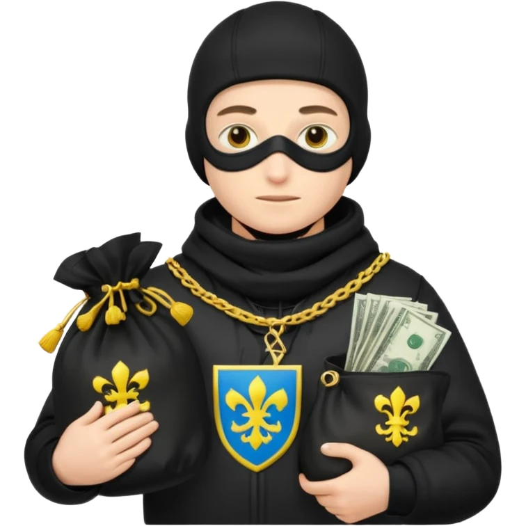 создай реалистичного белого украинца в черное одежде и черной балаклаве с большим мешком денег с  гербом страны на нем  emoji