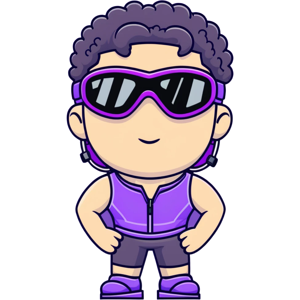 male athlete with white skin and moderately curly black hair on top with shaved sides, wearing ski goggles with purple frames and very dark black lenses, a simple plain black chain necklace, and an open shiny purple vest showing his chest and abs, no earrings emoji
