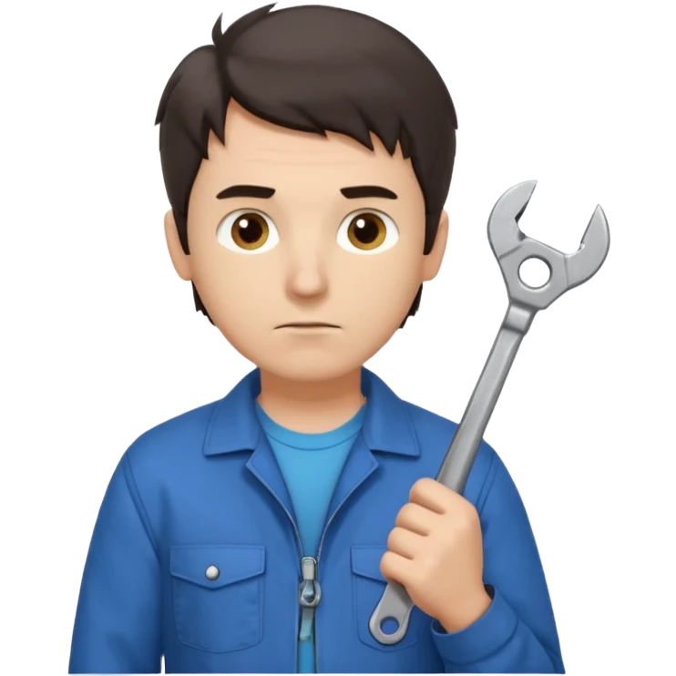 Calm and independent male technician, Caucasian features, short tousled dark hair, serious but composed expression, wearing a blue work jacket over a grey t-shirt, holding a wrench in one hand and a mechanical gear in the other, waist-up, front-facing emoji