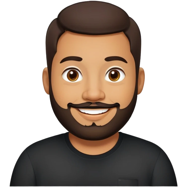 Heavier-set producer with light brown skin, pear-shaped face, full cheeks, big cheerful smile, warm inviting eyes, thick eyebrows, wide nose, short well-groomed beard, very short dark hair, wearing a black shirt emoji