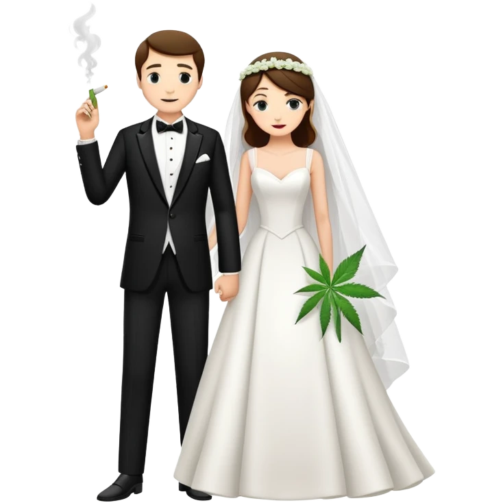 A bride in white wedding dress and groom in tuxedo, full body, smoking cannabis together emoji