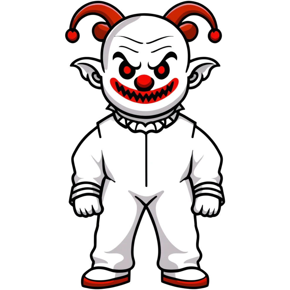 full-body demonic clown in a white leisure suit with bellbottom pants, bald, with black ram horns emoji