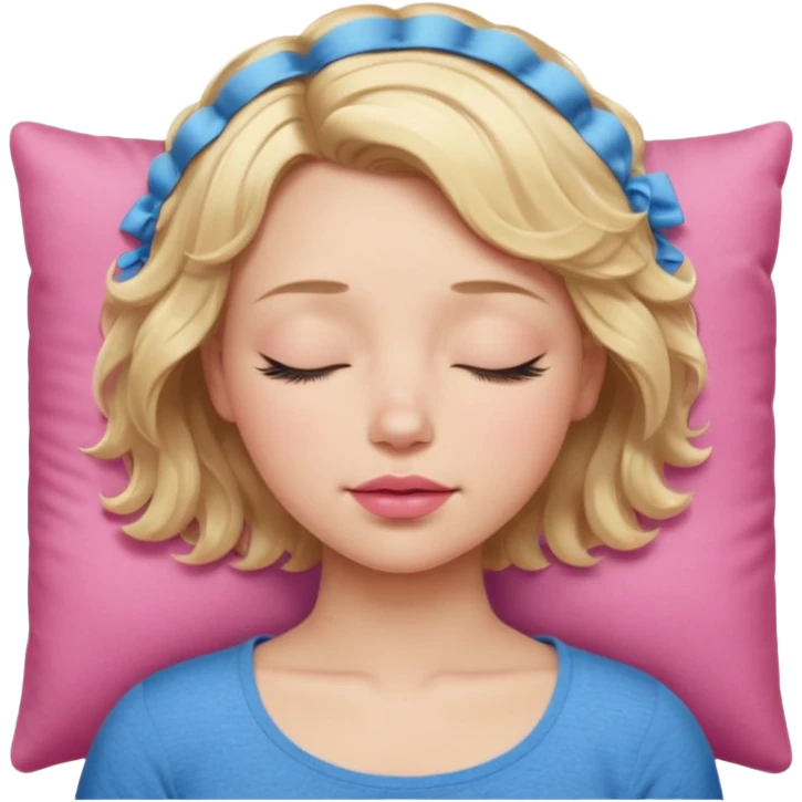 Girl Blonde short wavy hair,  blue eyes, cute blue top, long lashes, pink lips, sleeping eyes closed, catching zzzz  emoji