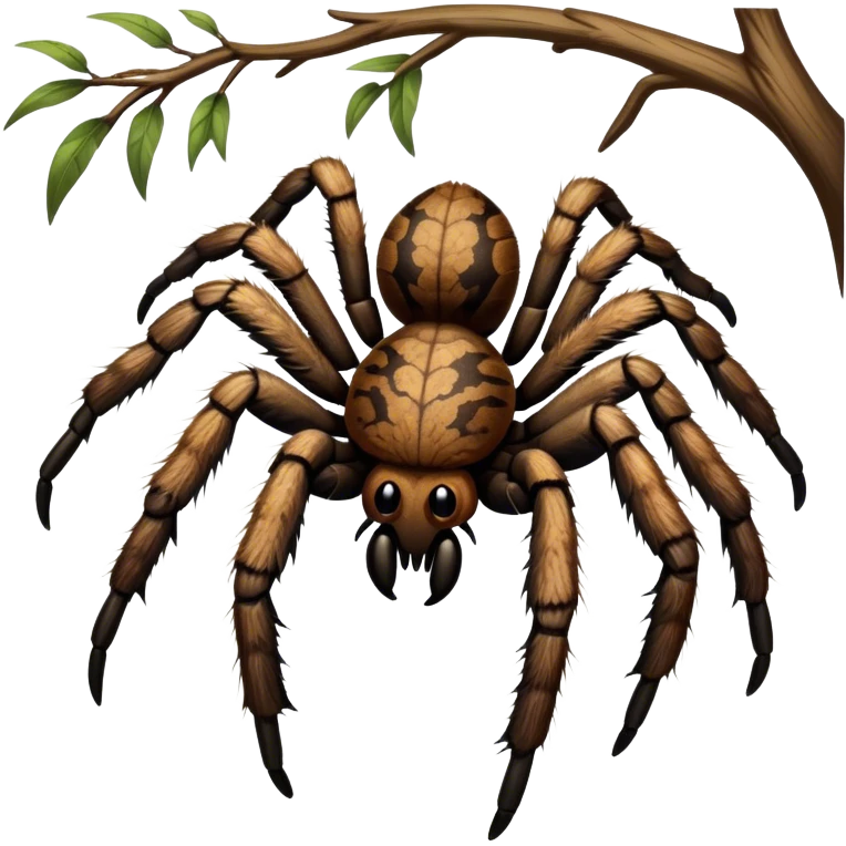 Close-up of a giant hairy tarantula in its natural habitat, with detailed textures of its legs, fangs, and body. The spider is perched on a tree branch, with soft lighting highlighting its features. Transparent background. emoji