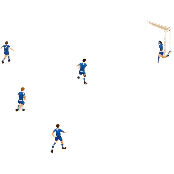 A mini-football match in an indoor sports hall with a wooden floor and clear court markings. The scene captures players in action, with the ball moving towards the goal, and the surrounding bleachers and overhead lights adding to the atmosphere of a competitive game. emoji