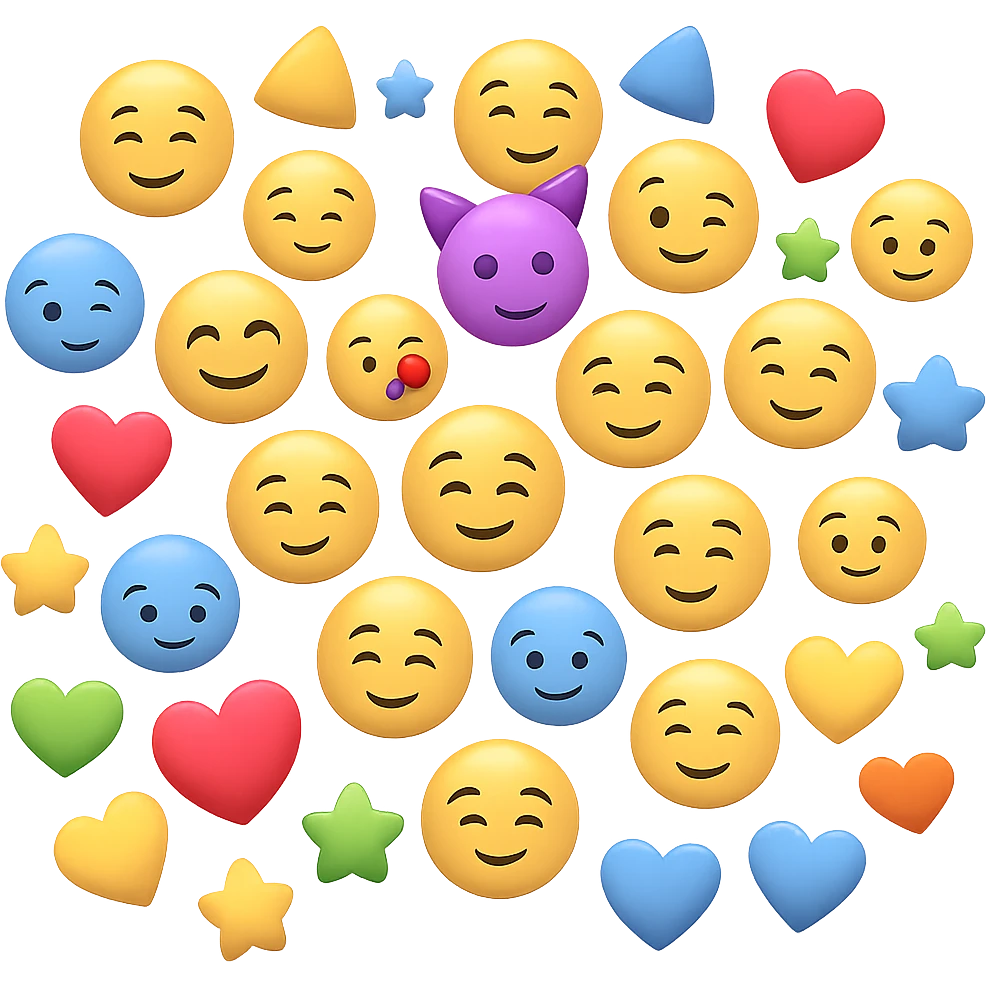 Create a cluster of about 25 to 30 various 3D Apple style emojis inspired by the provided image. The emojis should not touch each other on the sides, with spaces between them, and none should go beyond the boundaries. The background should be removed, leaving only the emojis visible. emoji