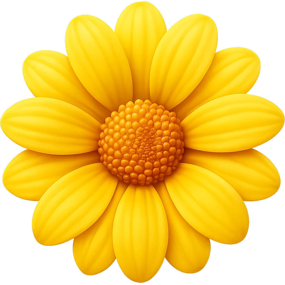 Create a 3D illustration of a yellow flower (dahlia or aster) in the style of iOS Apple emoji, featuring volumetric petals and a realistic center, on a transparent square background. The style should mimic the detailed, smooth, and vibrant look of Apple emojis with a 3D effect. emoji