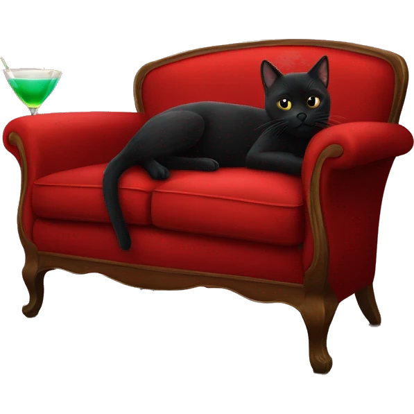 black cat laying on vintage red sofa with a cocktail  emoji