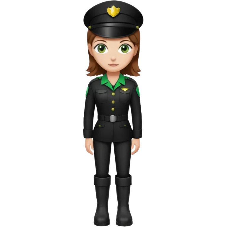 Create Dominatrix in total black uniform ,green eyes,brown hair and boots emoji