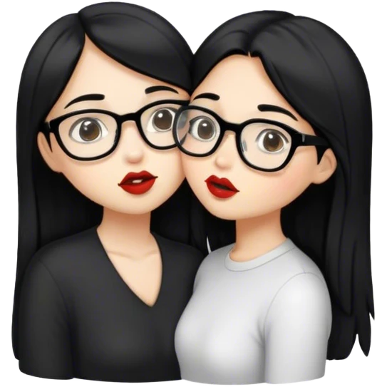 A girl with long black hair and a girl with short black hair and glasses kissing. emoji