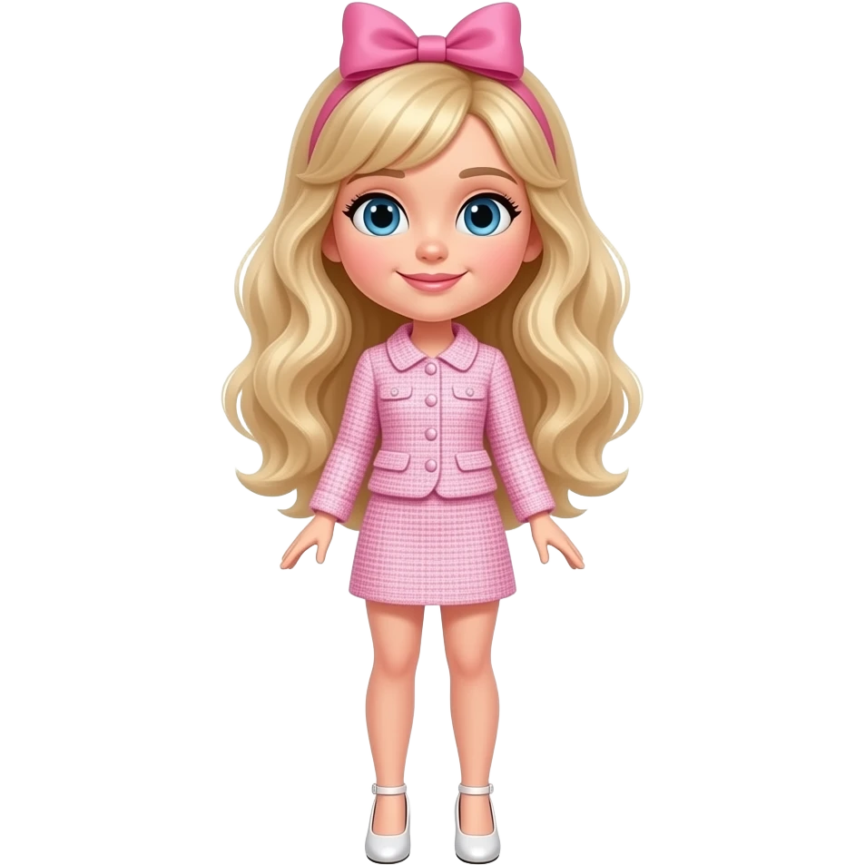 Blonde girl with a pink bow wearing a light pink tweed set and white satin heels emoji