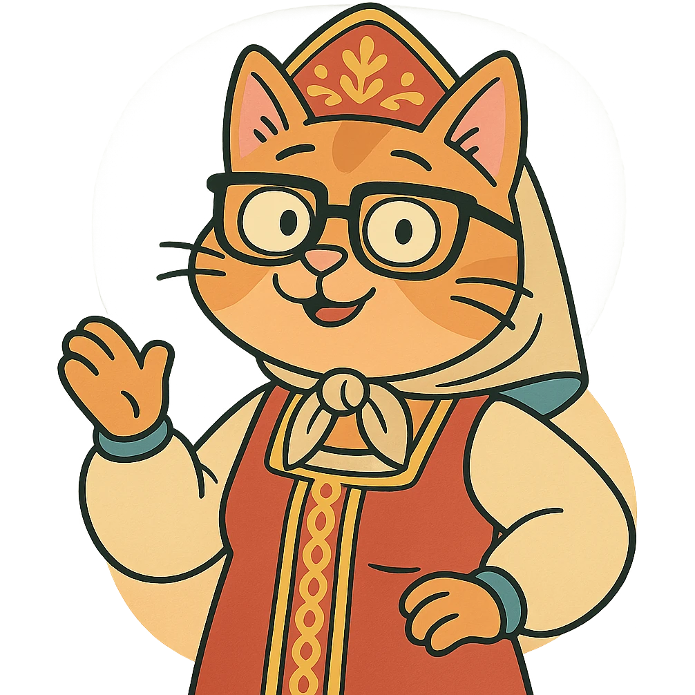 A cat in traditional Russian attire with glasses, simple and colorful. emoji