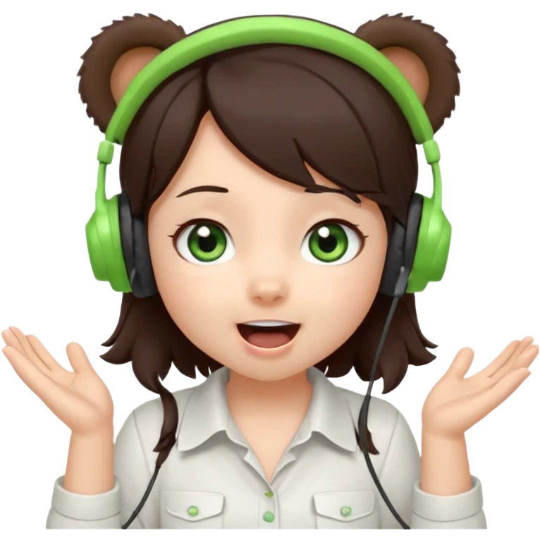 Chibi girl, dark brown hair, green eyes, wearing a white shirt and small brown bear ears on a headset, with wide happy surprised eyes and mouth and clapping excitedly emoji