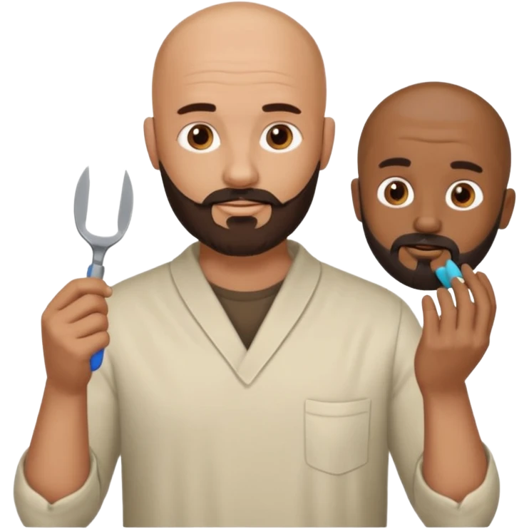 A bald man with a dark brown beard cutting someone’s hair eating poop emoji