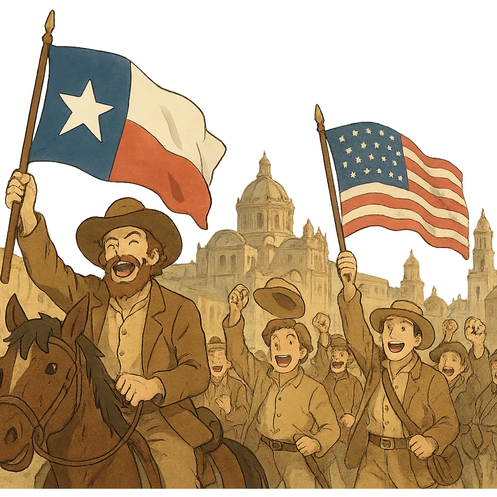 historical painting of Texans triumphantly entering Mexico City, waving flags, joyful expressions emoji