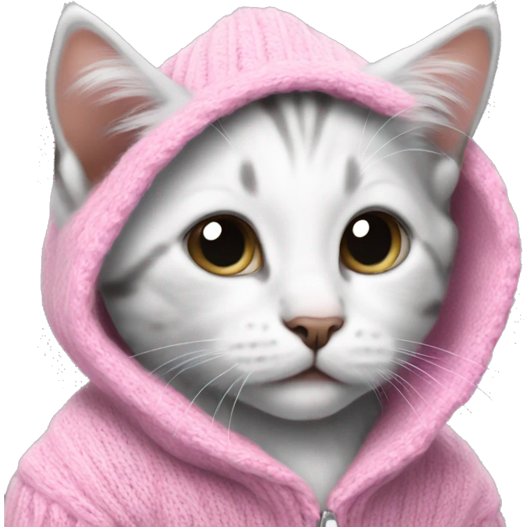 Cute kitten white and grey wearing pink purle sweater emoji