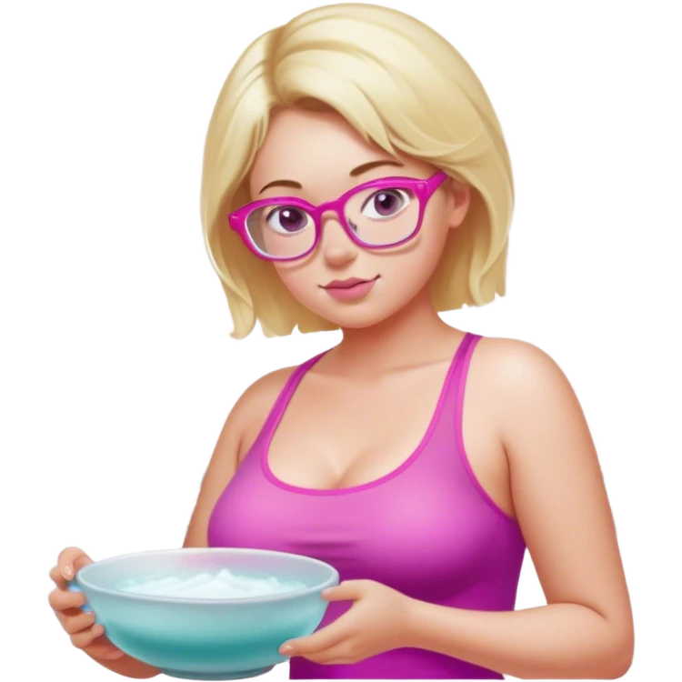 Curvy fair and freckled skinned woman, short blond hair, small light purple reading glasses, washing dishes, short flowing sheer hot pink tank top, without undergarments SFW, black yoga pants, thick booty emoji