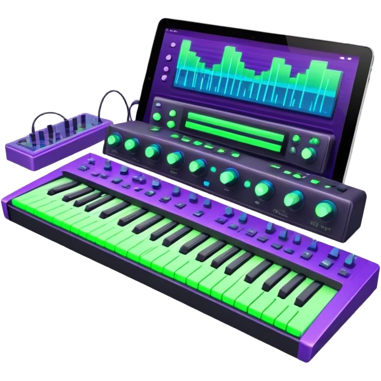 Create a creative and technical emoji that represents sound design. The design should feature a sound mixing console, audio waveforms, and sound effects icons (like a reverb or delay knob) to symbolize the manipulation and crafting of sound. Add elements like a synthesizer or audio interface to reflect the electronic aspect of sound creation. Use colors like neon green, blue, or purple to represent the innovative and experimental nature of sound design. The background should be transparent. emoji