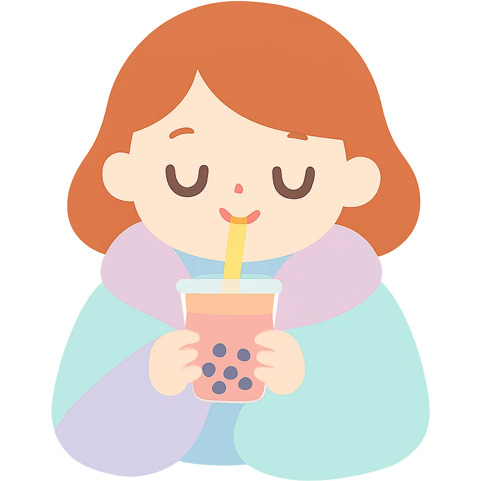 dark ginger haired girl with pale skin, wrapped in a blanket, sipping boba, eyes closed emoji