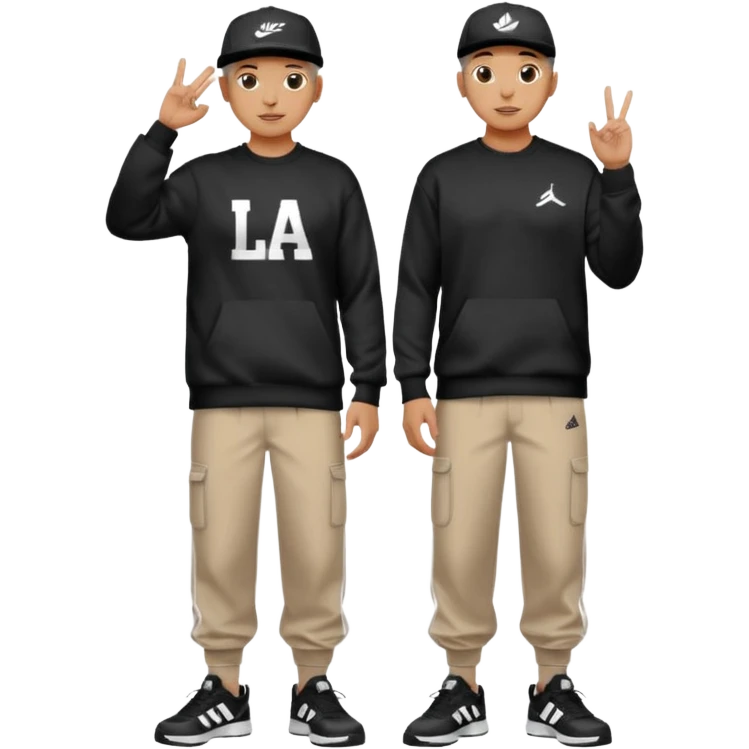 Crea Un Emoji De Cuerpo Completo Que Sea Hombre Con Corte Alucin Que Tenga Gorra Nike, Suéter Negro Que Tenga La Letras LA El La Parte Del Corazón, Zapatos Adidas Con Una Palomita✅, Pantalón Ancho O Bellaco Con Unos Diseños De Palomas Blancas Y Asiendo Una Pose Con Su Mano Que Sea Está 🤙🏽. emoji