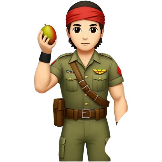 quiero que crees la imange de un Mango con Brazos fuertes y piernas como las de un culturista, que lleve uniforme militar de selva y que tenga pelo largo y una bandana roja en la cabeza como la de rambo y tambien que este en posicion de ataque con una ametralladora pixelart emoji
