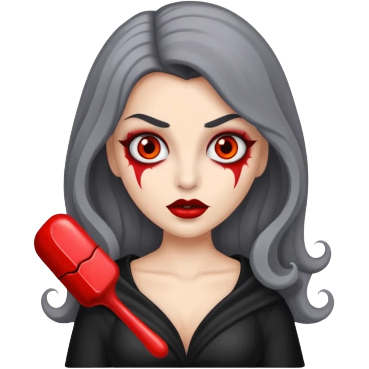 vampira de pele cinza com os olhos vermelhos, cabelos longos e ondulados, com o dedo apontando para a bochecha emoji