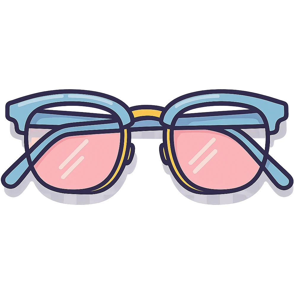 stylish eyeglasses for vision with diopters, semi-rimless frame, top-down view, vector look with shadows and glare, detailed shading, thin clean outlines, pastel palette, Japanese pop art, sticker look, highly detailed, transparent background emoji