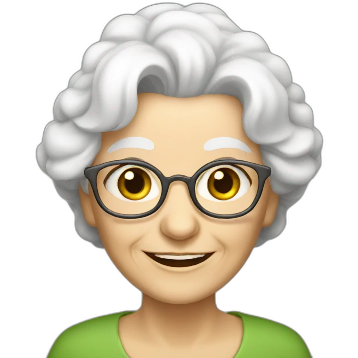old woman grandma with white hair, white skin, green eyes, smiling emoji