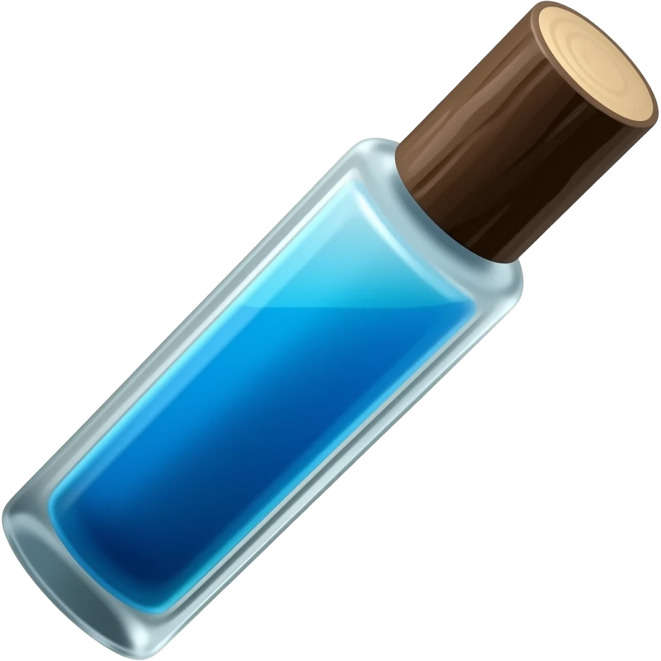 Духи флакон с темно-коричневой крышкой будто бы как попало отрубленной палки или дерева. Флакон длинный с голубой жидкостью внутри emoji