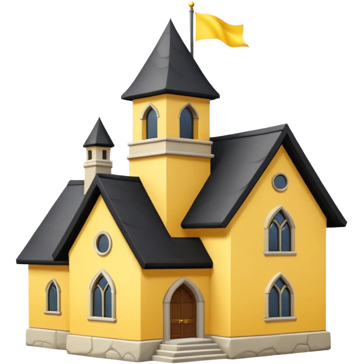 simple magic school, low detail, white background, magic school, black roof, with a big flag, big flag on a roof, big yellow flag, white school emoji