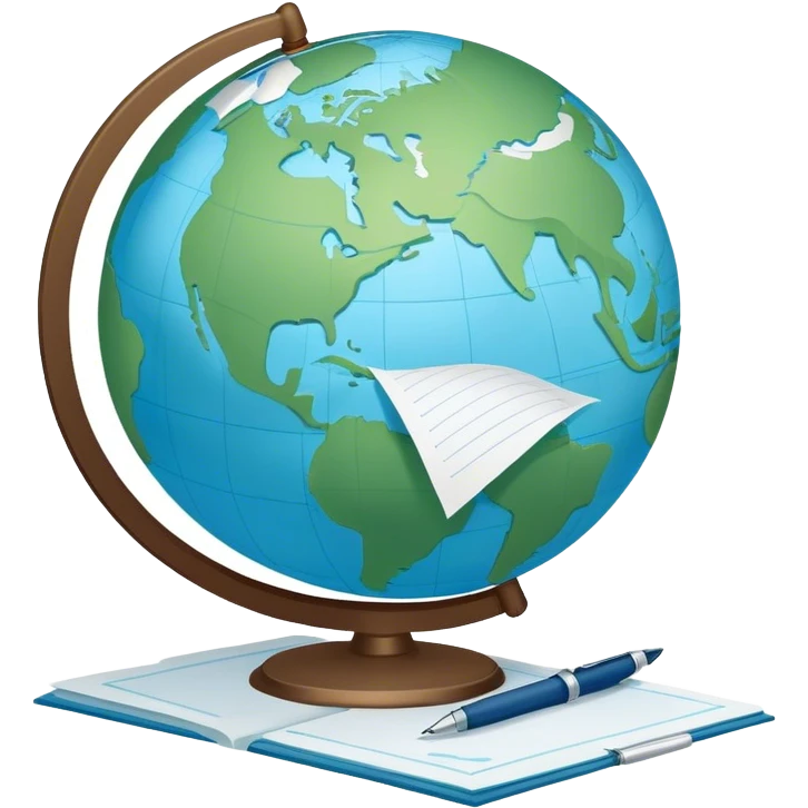 Create an emoji representing language translation. The design should feature a single globe in the background, symbolizing international communication. In front of the globe, place two books or sheets of paper, with a pen nearby to indicate the act of writing. Use a clean and professional color palette with blues, greens, and neutral tones. Do not include any emojis or smiley faces. Make the background transparent emoji