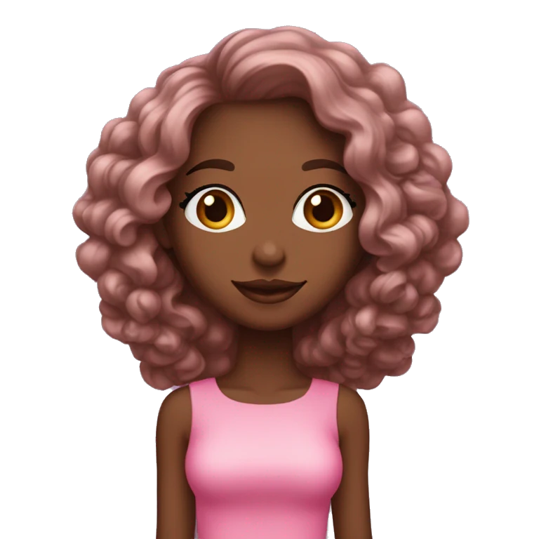 Mulher de cabelos cacheados cor de chocolate, vestido rosa e brincos de argola emoji