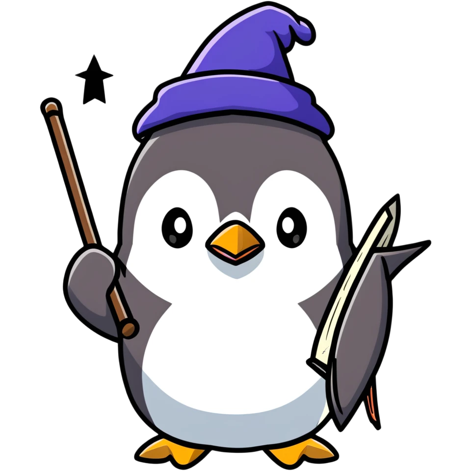 cute penguin wizard with magic staff and spell book emoji