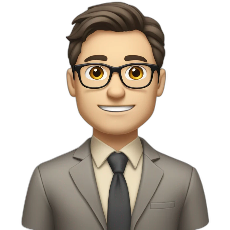 Pale skinned fit man with dark brown hair in gray jacket, beige office shirt, brown tie, brown pants and vintage glasses Writing text on the flipchart emoji