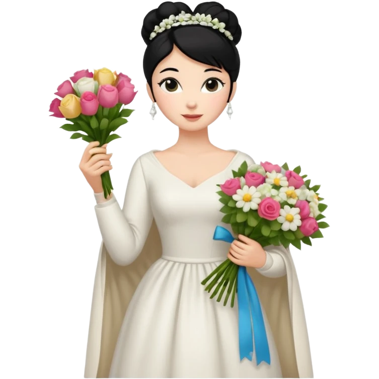 Chica blanca,cuerpo entero, vestido boda ,manga larga ,con estola, pelo negro,    ramo de flores una mano, pelo recogido en moño alto emoji