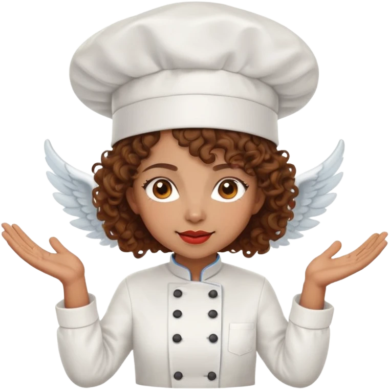 Light brown skinned mixed-race female chef with medium-length curly brown hair, wearing a chef's hat (toque), with both an angel halo and devil horns on her head emoji