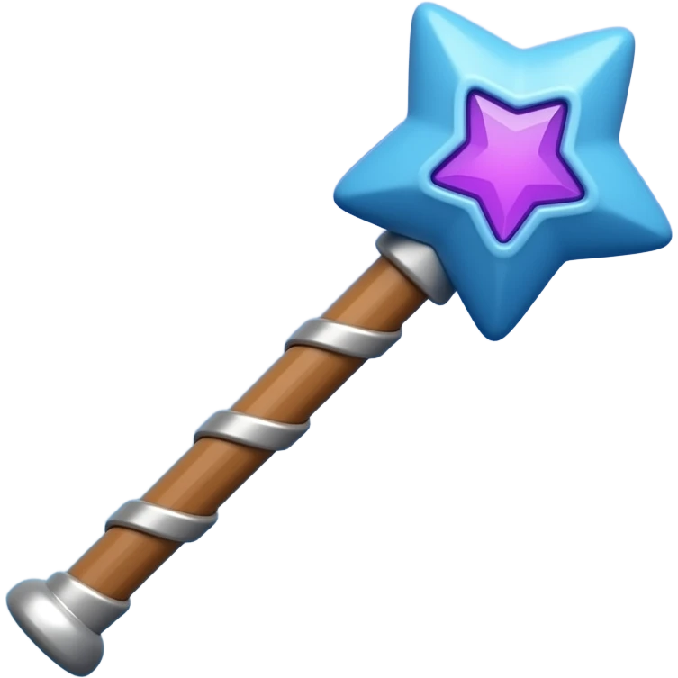 fantasy wand emoji, wooden staff, metallic accents, blue star head with glowing purple gem, soft magical glow, simple stylized 3D, centered on blue gradient background emoji