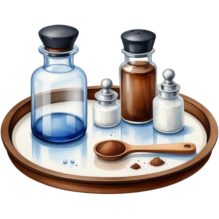 Take the colors brown #4E3E37 and blue #CED4D4 Your images should be painted with watercolors. Make an original round tray with oil bottles, glass transparent bottles, with a black lid, salt shaker and pepper shaker-porcelain. emoji