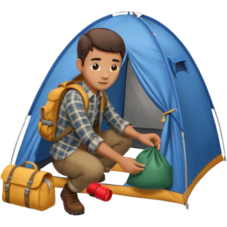A man wearing a flannel shirt and backpack, setting up a tent with focused hands emoji