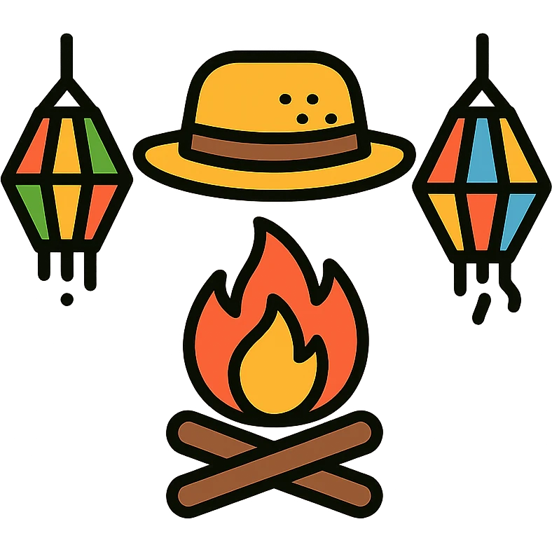 festa junina icon showing a bonfire, straw hat, and paper lanterns, color outline icon style emoji