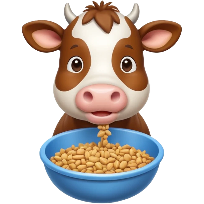 cute cow eating animal feed, hay and grains in a feeding bowl, 3D cartoon, mobile game icon style, clean background, no text, no watermark
 emoji