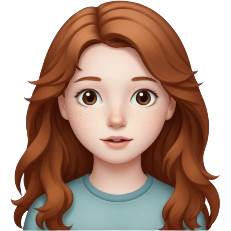 18-year-old girl with pale skin, lots of dark freckles, rosy cheeks, and long straight/wavy light brown hair. emoji