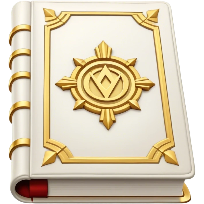 A white leather book with golden accents, smooth and polished, embossed with a symbol of six pillars, or a glowing mirror, radiating strength, confidence, and the power of self-worth.  emoji