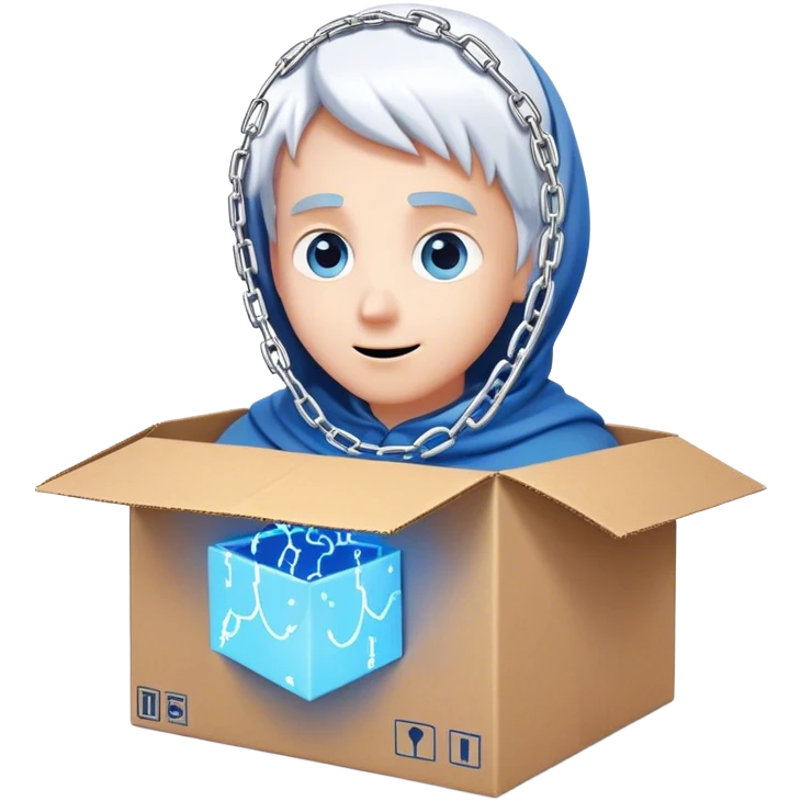 open cardboard box with glowing like they are magical chain links draped outside of. the chains should be white, the box should be open and having a mysterious blue glow hue coming from it. the box should also have a face with kind and excited eyes  emoji