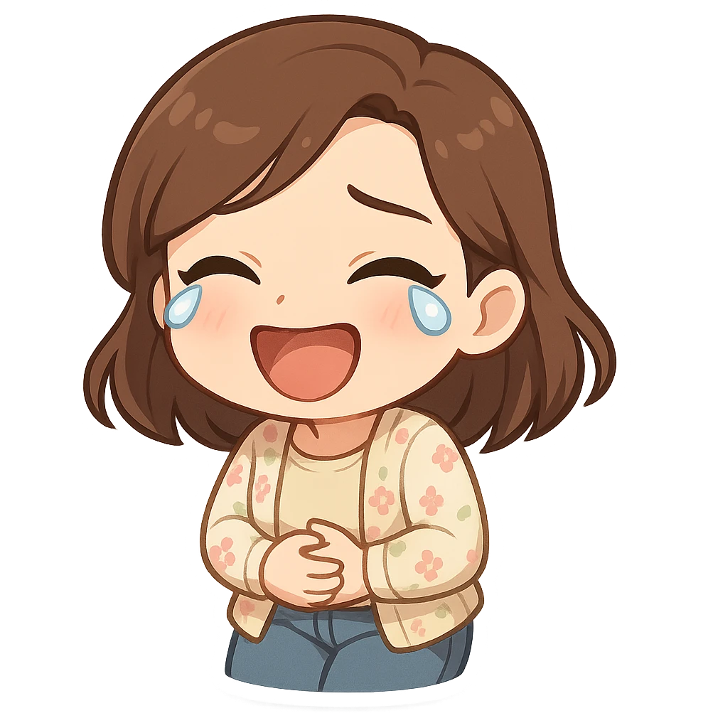 3D chibi style high-quality rendering with smooth shadows and soft gradients, girl based on reference image preserving facial features and hairstyle, wearing jeans and pastel floral cardigan, thick white outline like a sticker, laughing to tears holding her belly emoji